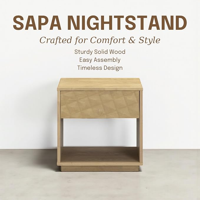 NTC Sapa Solid Wood Nightstand with 3D Carved Drawer Front – Modern Bedside Table with Open Shelf, Easy Assembled - Sand - Image 8