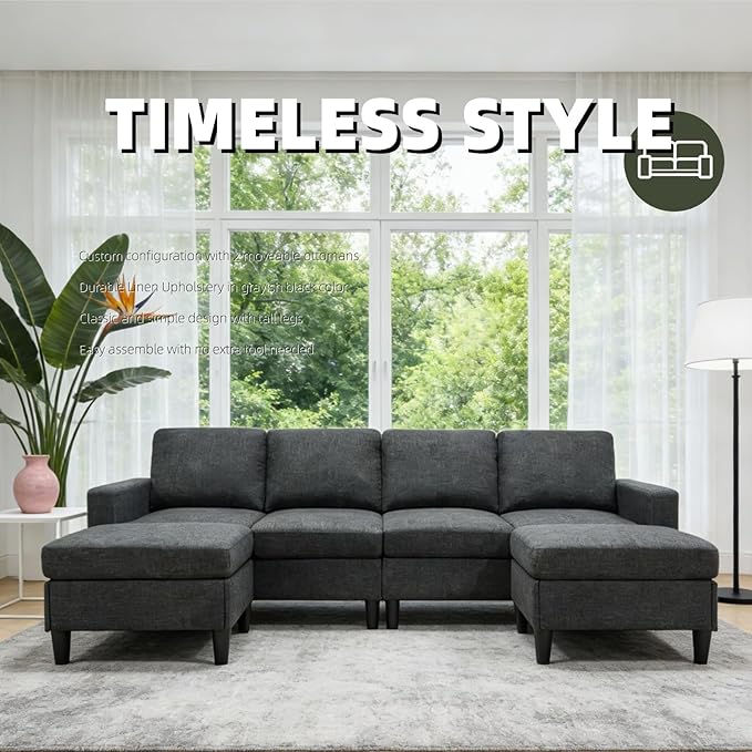 101" L-Shape Modular Sectional Couch, Convertible Linen Couch with 2 Ottomans, Modern 4 Seater Upholstered Modular Sectional Sofa for Apartment, Living Room, Charcoal Black
