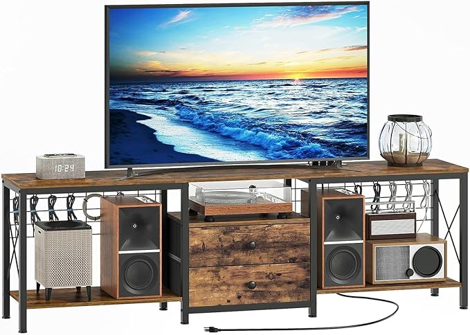 YATINEY TV Stand with Power Outlet Up to 75 Inch, Entertainment Center with 2 Fabric Drawers, TV Console Table with Open Storage Shelves for TVs, Cable Management, for Living Room, Bedroom, DS18UBRY1 - Image 6