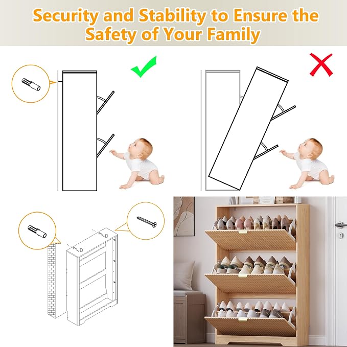 BORNOON Entryway Shoe Cabinet with 3 Flip Drawers, Narrow Shoe Organizer Cabinet with Fluted Panel and Adjustable Shelves for Foyer, Hallway - Image 7