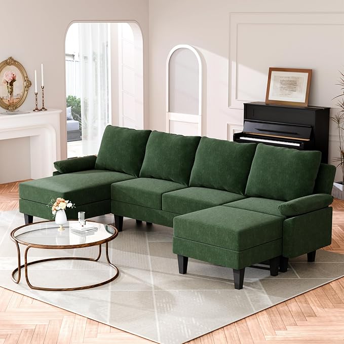 Sectional Couches for Living Room Furniture Sets, 4 Seat Modular Sectional Sofas for Living Room Set with Removable Ottoman, L Shaped Couch Set with 2 Armrest for Apartment, Green