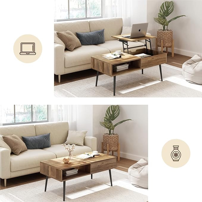 Coffee Table Lift Top Coffee Table 39", Modern Adjustable Rising Center Table with Hidden Compartment for Livingroom