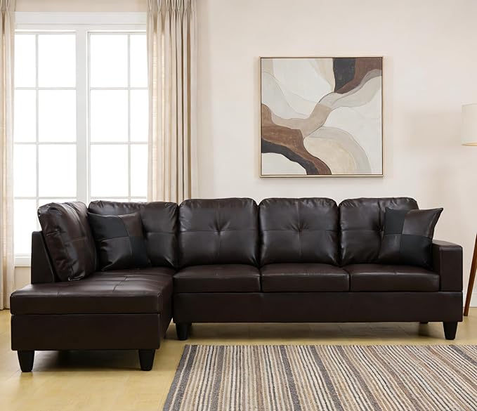 103.5 Inch Modern L-Shaped Couch, Faux Leather Sectional Sofa with Chaise Lounge, 4-Seater Couch with Accent Pillows for Living Room, Apartment, Brown