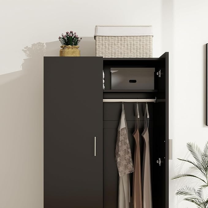 Panana 2 Door Wood Wardrobe Cabinet Closet with Hanging Rail and 2 Shelves, Bedroom Armoire for Storage (Black)