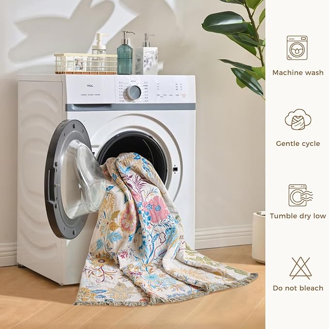 LUTBM Boho Throw Blanket for Bed Cotton Spring Blankets Twin Size for Bedroom Living Room All Season Lightweight Floral Embroidery Decorative Breathable Quilt for Couch Sofa Chair 60"x80"