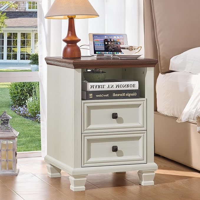 SAVOR LIFE Farmhouse Side Table with Charging Station, Antique Nightstands with Drawers, Bedside Table with Open Shelf for Bedroom, White - Image 9