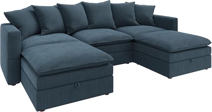 HONBAY Modular Sectional Sofa, 105.5 Inch Deep Seat U Shaped Couch with Storage & Adjustable Armrest Backrest, Blue
