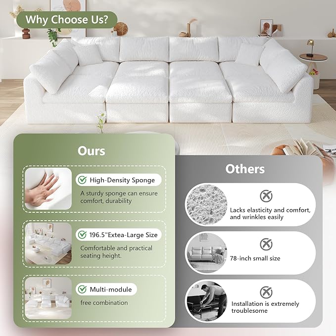 Modular Sectional Sofa Boneless Cloud Couch for Living Room, U Shape Deep Seat Recliner Sofa with Ottoman, Adjustable Backrest & 2 Throw Pillows - Covers Washable, (White, 6 Seater+2 Ottoman)