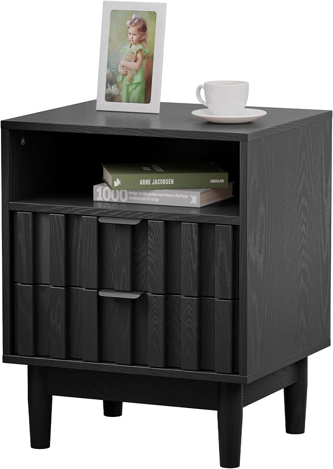 Fluted Nightstand, 19" Wide Night Stand with Solid Wood Legs, Open Storage Shelf, Mid Century Modern Wooden Bedside Table for Bedroom, Bed End Side Table, Black - Image 8