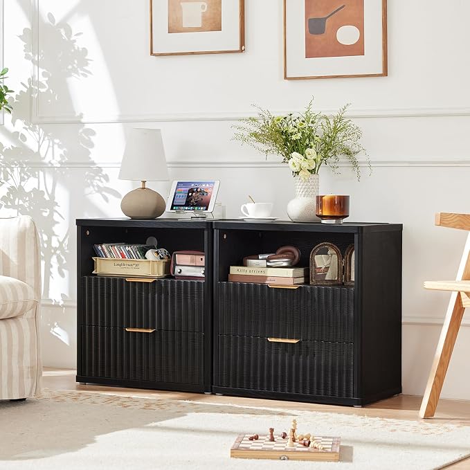 LEYAOYAO Fluted Nightstand with Charging Station, 23" Wide 2 Drawers End Table,Black Night Stand with Open Storage Cabinet, Modern Bed Side Tables, Wood Dresser for Bedroom, Living Room, Closet - Image 9