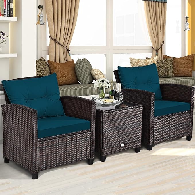 KOTEK 3 Piece Patio Furniture Set, Outdoor Conversation Set with Washable Cushions & Tempered Glass Tabletop, PE Rattan Wicker Bistro Set for Porch, Garden, Balcony (Peacock Blue)