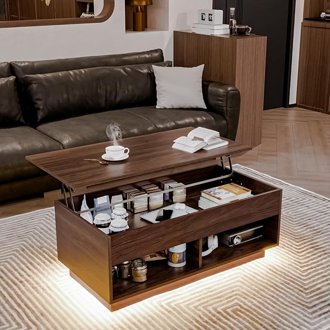 HOMMPA Lift Top Coffee Table with LED Light, Modern Center Table for Living Room, 3 Tiers Tea Table with Storage,Small Apartment Furniture with Hidden Compartment & 2 Open Shelves, Walnut