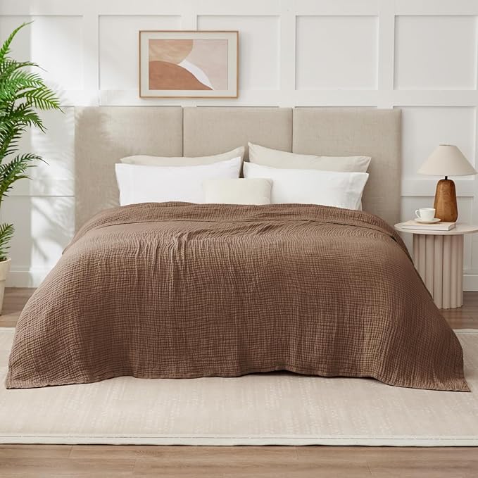 100% Cotton Muslin Blanket California King 120" x 90", 6 Layers Breathable and Lightweight Oversized Blankets for Bed, Soft Cooling Gauze Blanket for Adults All Season, Tan