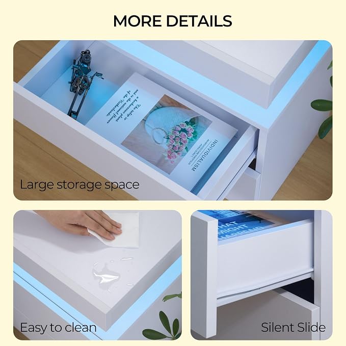 Bingoday LED Nightstands with 2 Drawers, End Table with RGB LED Lights for Bedroom Living Room, White Bedside Table - Image 8