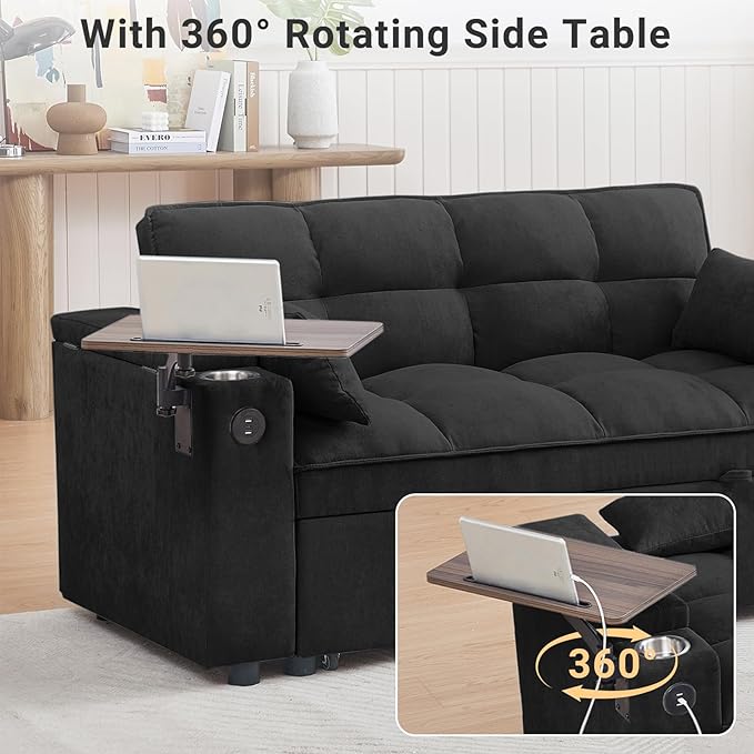 3 in 1 Sofa Bed, 65 Inches Convertible Loveseat Sleeper with Side Table, Pull Out Couch with 3 Level Adjustable Backrest, Chaise Lounge with USB and Type-C Ports for Living Room, Jet Black