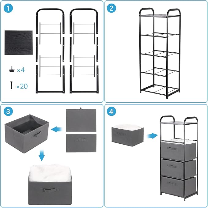 MAX Houser 4 Drawer Fabric Dresser Tall Storage Tower, Dresser Chest with Wood Top, Vertical Nightstand Side Organizer Unit with Metal Frame for Closets Bedroom Nursery Room Hallway(Leaden) - Image 8