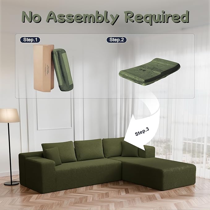 Cloud Sectional Couch, 105” Fluffy Modular L-Shape Sofa with Left Chaise Lounge, Modular Sectional Sofa in a Box, Boneless Couch for Living Room, No Assembly Required, Wool Green