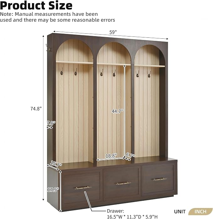 Merax Farmhouse Wood Hall Tree with Shoe Bench and 3 Drawers, 4-in-1 Coat Rack with 8 Hooks for Entrance, Hallway, Mudroom Dark Walnut - Image 7