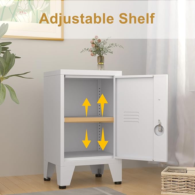 White Nightstand, Metal Small Nightstand Storage Cabinet with Adjustable Shelf and Lock, Narrow Cabinet for Bedroom, Office (White, 24.4") - Image 6