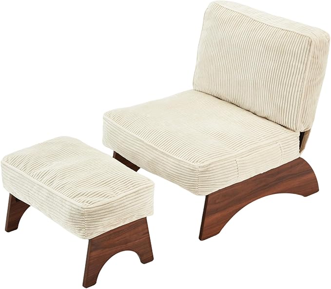 EROMMY Accent Chair with Ottoman, Modern Corduroy Living Room Chair with Adjustable Backrest & Footrest Set, Comfy Reading Chair for Living Room Bedroom Reading Room Guestroom, Cream