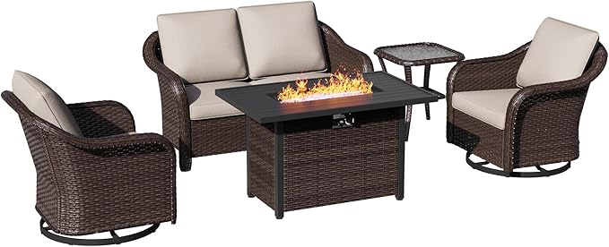 5 Piece Patio Wicker Conversation Set, All-Weather Use Outdoor Wicker Loveseat with 2 PE Rattan Ottomans,2 Swivel Chair, 1 Side Table, Ideal for Porch, Backyard, Balcony, Poolside, Beige