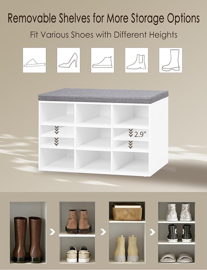 DINZI LVJ Shoe Storage Bench with Cushion, Cubby Shoe Rack with 9 Cubbies, Adjustable Shelves, Multifunctional Shoe Organizer Bench for Entryway, Mudroom, Hallway, Closet and Garage, White - Image 9