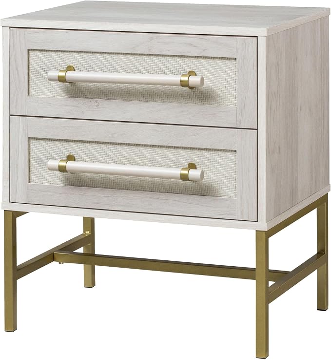 Sophia 2-Drawer Nightstand in Sand Finish with Rattan Fronts, Elegant Gold-Tone Bar Pulls, and Slim Metallic Legs- Ideal Bedroom Furniture for Boho, Transitional, and Modern Interiors - Image 7