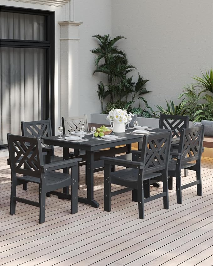 7-Piece Outdoor Dining Set, HDPE All-Weather Patio Table and Chairs Set for 6, Outdoor Patio Furniture Sets with Umbrella Hole for Outside, Deck, Backyard, Garden (Black) - Image 9