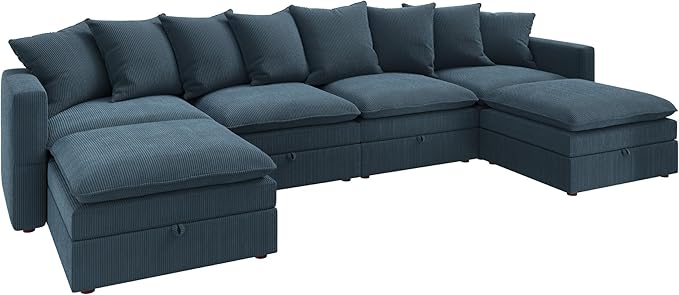 HONBAY Modular Sectional Sofa, 137 Inch U Shaped Corduroy Couch with Storage, Convertible Sectional Sofa with Deep Seat, Blue