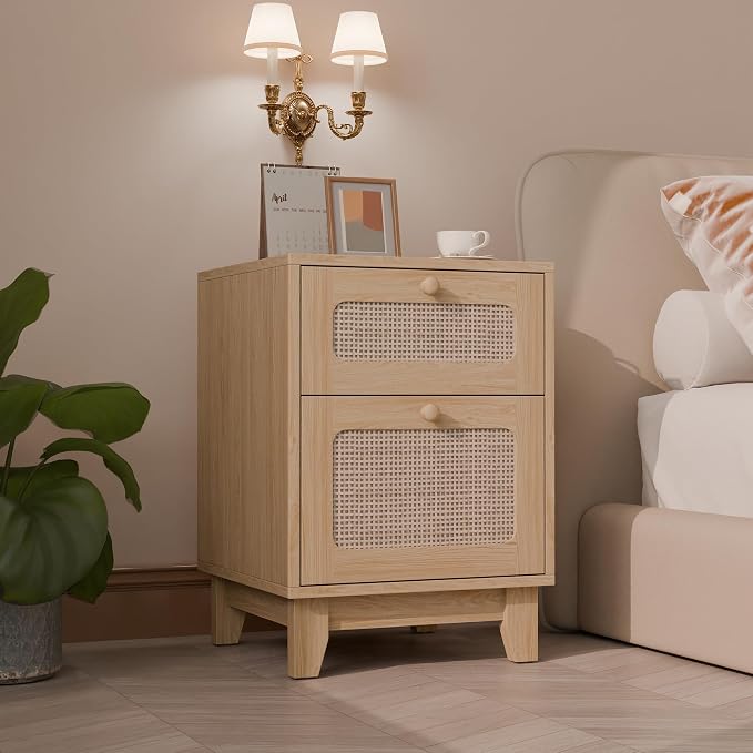 Modern Rattan Nightstand Set of 2, Wicker Rattan Stand with Drawer, Wooden Bedside Table for Small Spaces, Natural Wood Side Table for Bedroom - Image 9