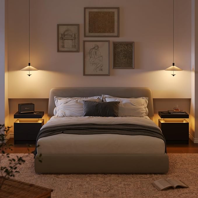 Black LED Nightstand Modern Night Stand for Bedroom Bedside Table with 2 Wood Drawers End Side Table - Image 6