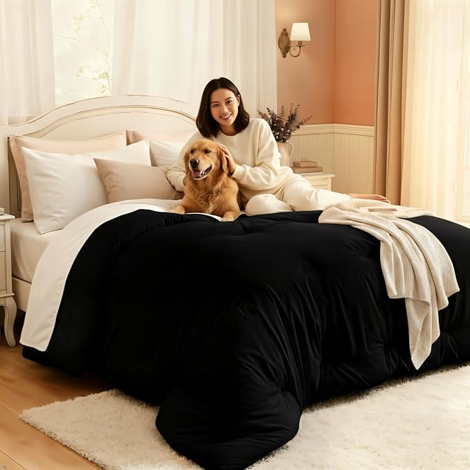 Comforters Full Size, All Season Quilted Bed Comforter, Ultra-Soft Down Alternative Duvet Insert with 4 Tabs, Lightweight Bedding Blanket - Machine Washable, Black