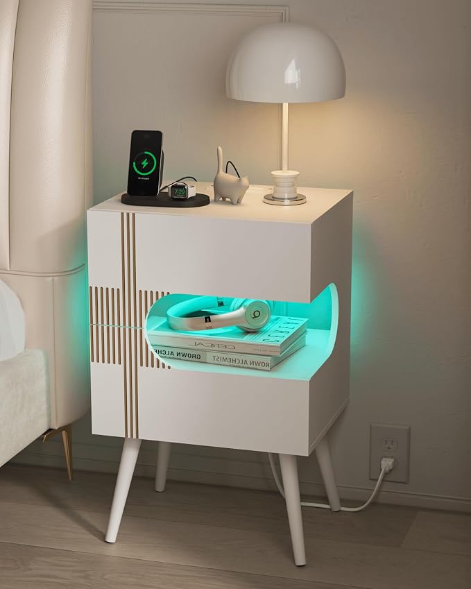 JOONEE White Nightstand with Charging Station and LED Lights,Modern Bedside Table with 2 Storage Drawer,Night Stand with Solid Wood Legs,White (White-2) - Image 9