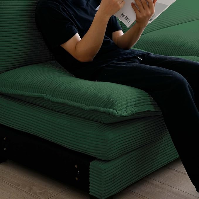 KEIKI 115" Oversized Corduroy Modular Sectional Sofa with 3 Ottoman, High-Density Foam Cushions, Removable Armrests, Upholstered 3-Seater Fluffy Corner Couch with 5 Pillow, for Living Room, Green