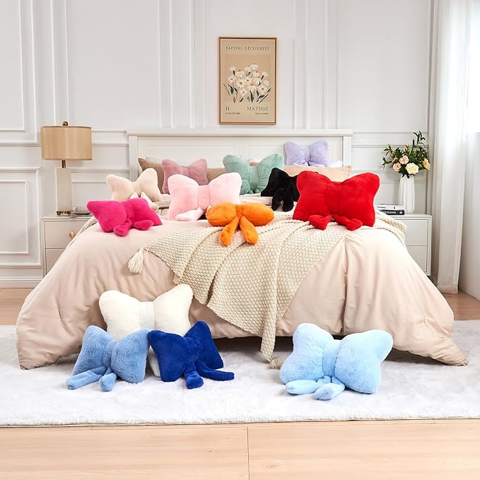 XVTRU Beige Bow Pillow, Soft Bow Decorative Pillows with Faux Rabbit Fur, Cute 16" Bow Throw Pillows, Aesthetic Home Decor Bow Shaped Plush Pillow for Bedroom Sofa Couch