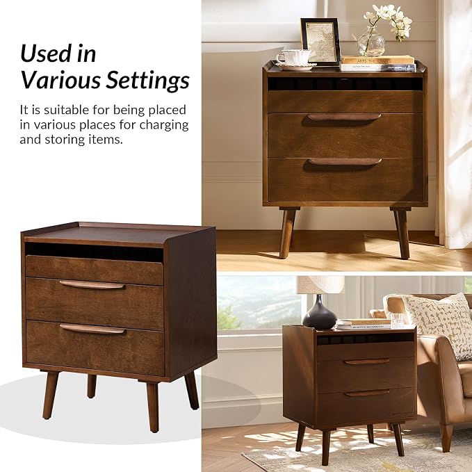 HULALA HOME 2 Drawer End Table with Pull-Out Shelf, Mid-Century Modern End Tables with Wood Legs, Wood Side Table with Charging Station(Walnut) - Image 7