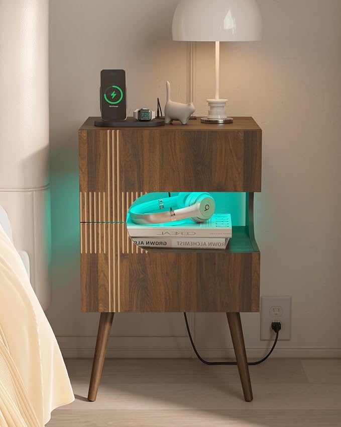 JOONEE Nightstand with Charging Station and LED Lights,Modern Bedside Table with 2 Storage Drawer,Night Stand with Solid Wood Legs,White (Walnut Brown) - Image 9
