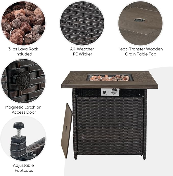 Belord 5 Piece Patio Furniture Set with Fire Pit Table - Outdoor Conversation Set with Propane Fire Pit and 4 Wicker Chairs for Backyard Patio or Casual Gathering Brown