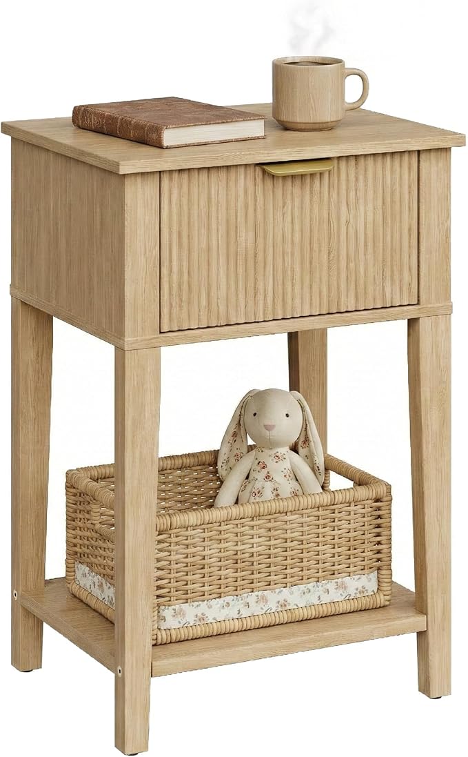 Modern Fluted Small Wood Nightstand, 11.8" Deep x 15.4" Narrow Bedside Table with Drawer & Open Shelf, Boho Scandinavian Accent End Table for Bedroom & Sofa - Oak - Image 9