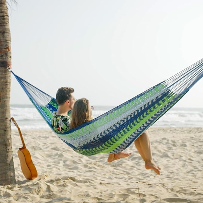 Lazy Daze Hammocks Handwoven Mayan Hammock, 10.5 FT Soft Rope Double Hammocks, Portable Outdoor Hammock with Carry Bag, 2 Straps & Carabiners for Patio Outside, 550 lbs Weight Capacity, Blue/Green - Image 8