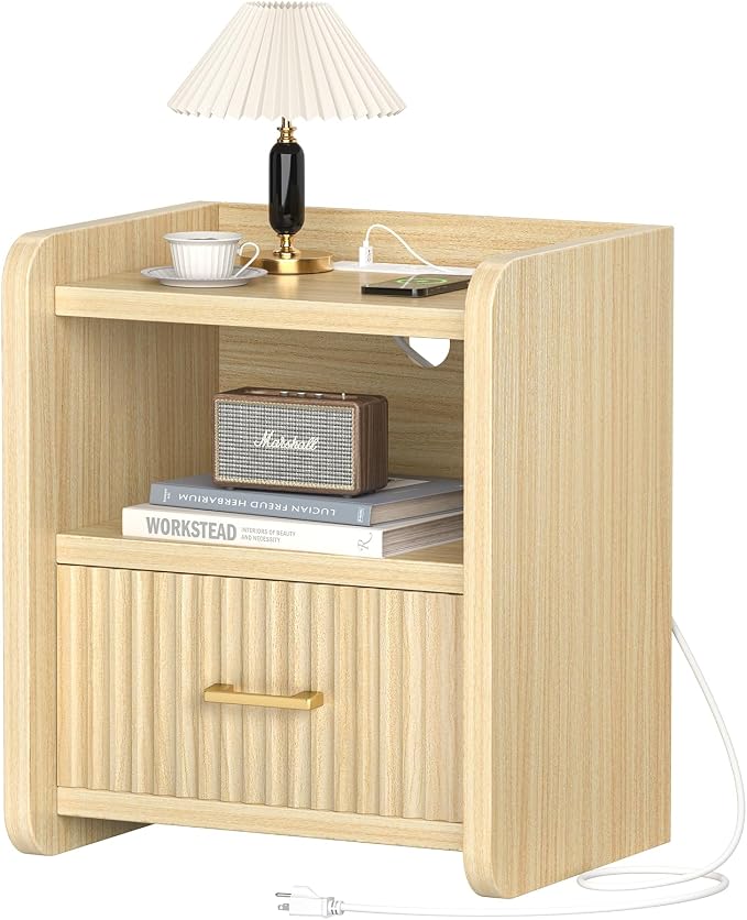 Night Stand with Charger Station, Fluted Wood Nightstand with Drawer Storage, Modern Bedside Table, Wide Nightstands for Bedroom, Mid Century Wooden Night Stands for Home Office Sofa Couch - Image 9