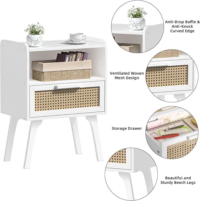 Lerliuo Rattan Nightstand, Bedside Table with Drawer Open Shelf, Cane Accent Side End Table with Solid Wood Legs, White Mid Century Night Stand for Bedroom, Dorm and Small Spaces - Image 8