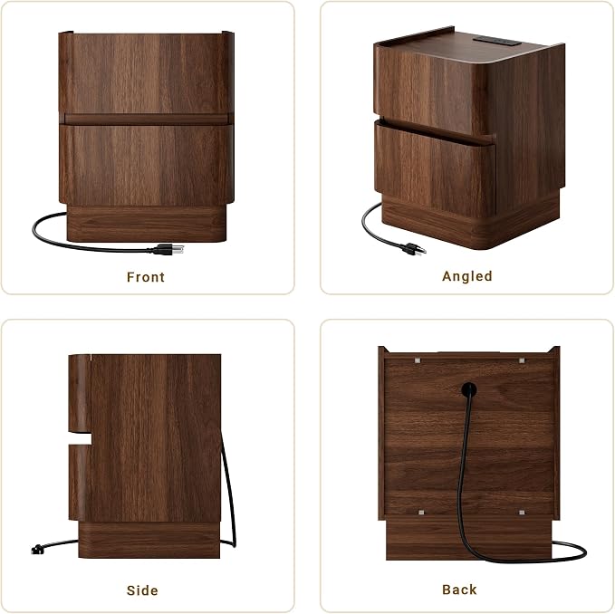 Handleless Night Stand with Charging Station, 2 Drawer Modern Nightstand with Rounded Corners Design, Wooden End Table w/Storage, Bedside Table for Bedroom Sofa Home Office, Walnut - Image 7