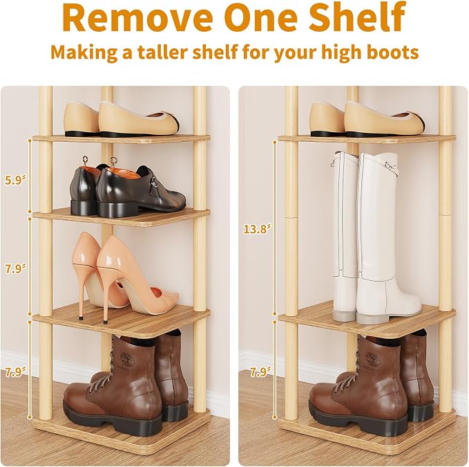 LUCKNOCK Vertical Shoe Rack, 8-Tier Tall Narrow Shoe Organizer for Entryway, Closet, Dorm & Small Spaces, Freestanding Wooden Shoe Shelf Tower for Boots, Sneakers, Heels. (Walnut) - Image 9