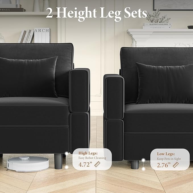 Vesgantti Modular Sectional Sofa with Chaise, Velvet 5 Seat Deep Sofa with Storage, Memory Foam U Shaped Convertible Lounge Couches with 2 Ottoman for Living Room, 3"/5" Height Adjustable Legs, Black