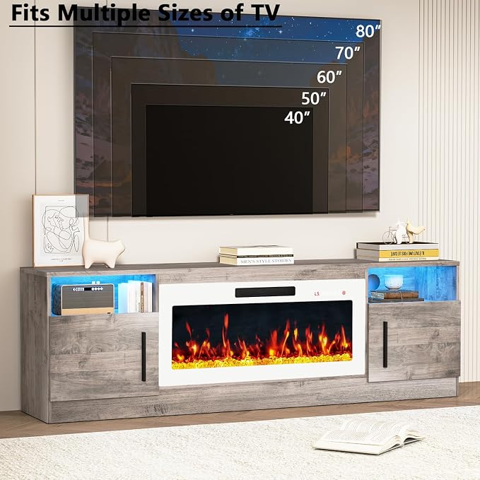 PRETZI Fireplace TV Stand with 36" Fireplace Up to 80" TVs, 70" Entertainment Center with LED Lights,Remote Control, TV Media Console with Storage Cabinets for Living Room,White+Grey - Image 7