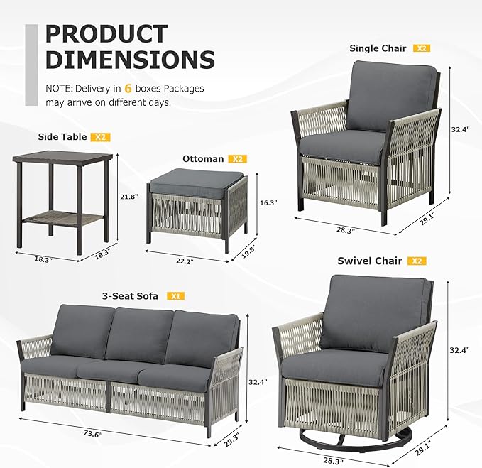 9 Piece Wicker Outdoor Furniture Set, Outdoor Swivel Rocker Chairs Set of 4 with Glass Side Tables Set of 2, Ottomans and Rattan Sofa, Patio Conversation Set for Deck Backyard Poolside (Grey)