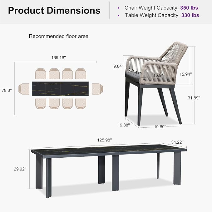 PURPLE LEAF 11 Pieces Patio Dining Set Aluminum Modern Rectangular Table and Rattan Arm Chairs with Cushions for Kitchen Porch Garden Outdoor Furniture Sets, Dark Grey - Image 9