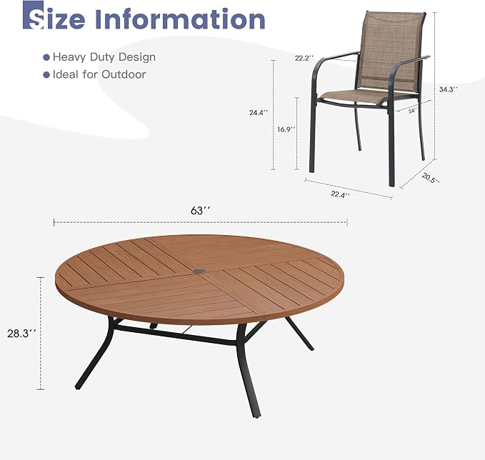 VICLLAX 11 Pieces Round Patio Dining Set, Patio Furniture Set of 10 Patio Stackable Dining Chairs and 63" Outdoor Spliced Tabletop with Umbrella Hole, Brown Chairs and Walnut Table - Image 7