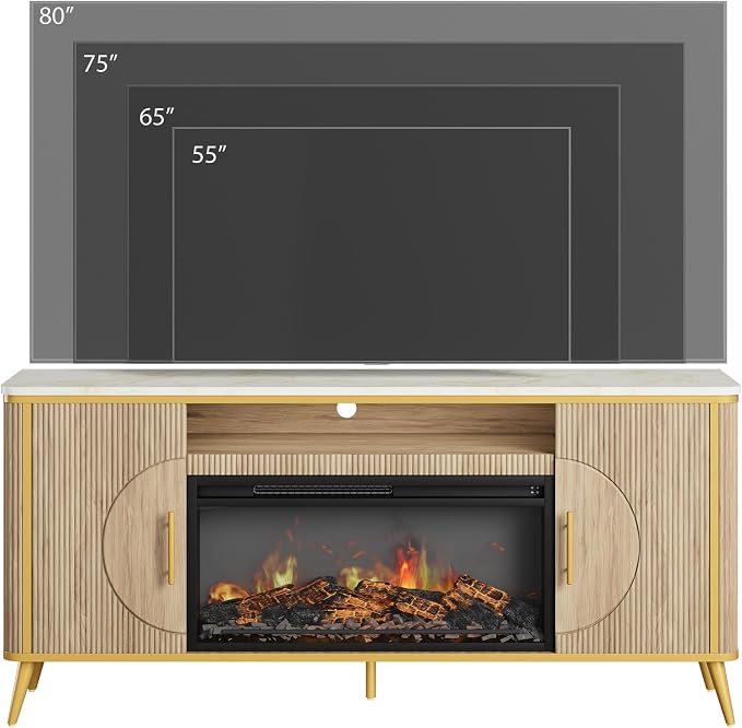 Fluted Fireplace TV Stand Up to 80" TVs, Modern Entertainment Center with 30" Electric Fireplace, Luxury Media Console with Adjustable Shelves for Living Room, Nature Oak - Image 9
